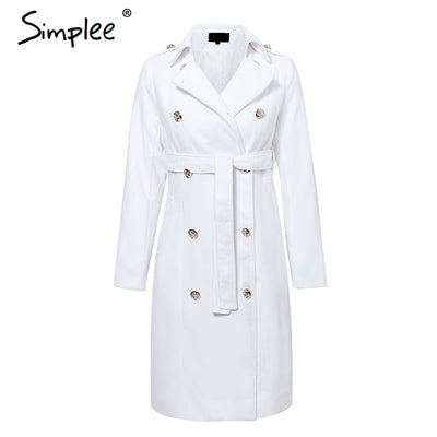 Simplee Vintage double breasted white trench coat for women Sashes slim long trench female Winter office solid trench dress - goldylify.com