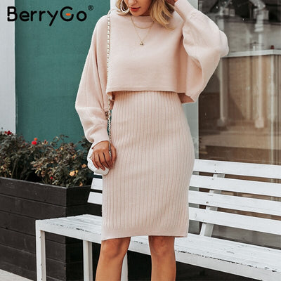 BerryGo Elegant 2 pieces women knitted dress Solid bodycon sweater dress Autumn winter ladies pullover work wear sweater suit - goldylify.com