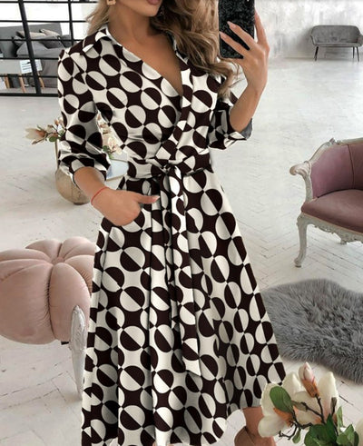 Spring and autumn fashion plus size ruched dress long-sleeved V-neck print bag hip dress women's clothing casual dress for women