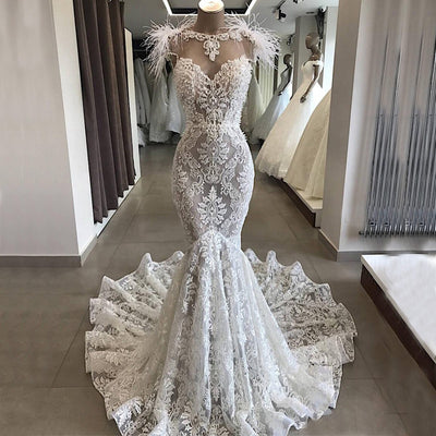 Beaded Elegant Lace Backless Trumpet Mermaid Marriage Sexy Wedding Dress with Feathers