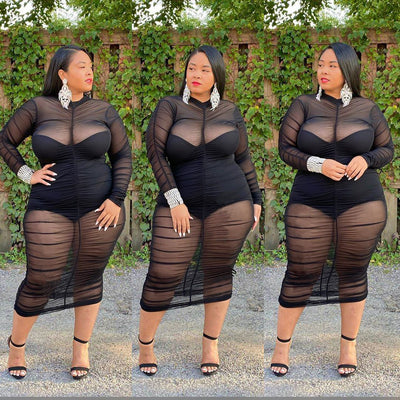 Selling Large Size Women's  2 Piece Set Clothing 5xl See Through Mesh Pleated Sexy Plus Size Women Dress