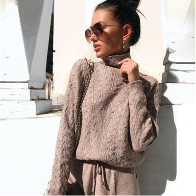 Turtleneck Pullover Sweatshirts Knit Pants Suit Two Piece Sets Women Autumn Winter Warm Knitted Tracksuit Sporting Suit Female - goldylify.com