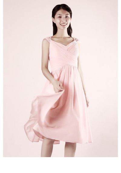 2020 Pink V-neck Strapless Knee Length Pleated Chiffon Bridesmaid Dress Formal Evening Party Ball Prom Gown Cocktail Dress