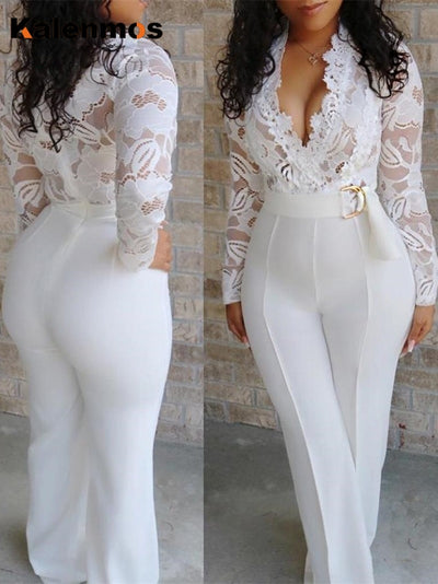 Jumpsuit Women Lace Rompers Long Sleeve V-neck Long Overalls Trench Classy Formal Party Elegant Runway Outfits Work Plus Size