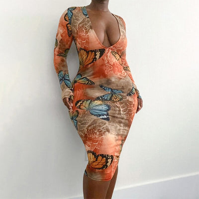 Long Sleeve V Neck Butterfly Printed Bodycon Midi Dress