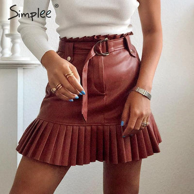 Simplee Sash belt PU leather women skirt Ruffled high waist female mini skirt A-line Party club wear ladies sexy short skirt - goldylify.com