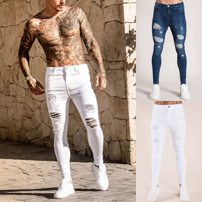 Mens Solid Color Jeans 2019 New Fashion Slim Pencil Pants Sexy Casual Hole Ripped Design Streetwear Cool Designer,White blue#G2 - goldylify.com
