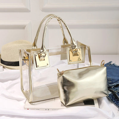 Cute Handbags Girls Fashion PU Leather Handle Waterproof Plastic Small Jelly Bags Set For Woman