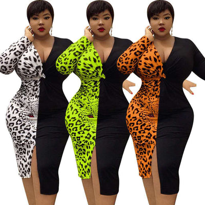 Plus Size Women Clothing Temperament Dresses Patchwork Leopard Bodycon Dress Deep V Neck Sexy Slit Dress
