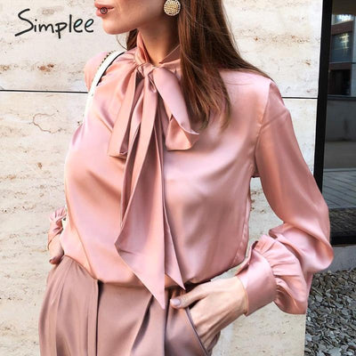Simplee Casual pink long sleeve women blouse shirt Summer spring neck tie blouses shirt Elegant work wear loose female solid top - goldylify.com
