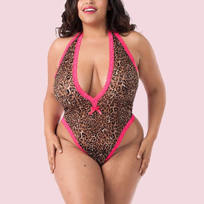Plus Size Female Sexy Bodycon Bodysuit Sleepwear Deep V Neck Leopard Printed Bow Lace Patchwork Sleeveless Rompers For Lady