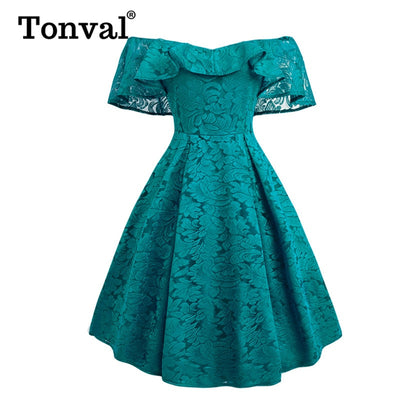 Tonval Vintage Türkis Floral Spitze Rüschen Kleid Off Schulter Sexy Frauen Party Nacht Fit und Flare Elegante Kleider