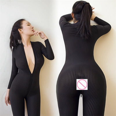 XS-8XL Sexy Open Crotch Bodycon Long Sleeve Jumpsuits Fashion Mesh See-Through Black Romper Skinny