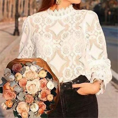 Women Lace Blouse Elegant Formal Embroidery Long Sleeve White Shirts Office Lady Flower Hollow Fashion Female Chemise Clothing - goldylify.com