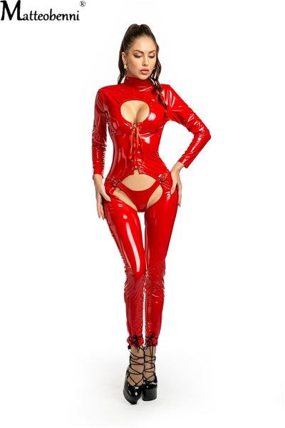 Women Sexy Hollow Out Latex Catsuit PVC Faux Leather Wetlook Jumpsuit Hot Exotic Costume Lingerie PU