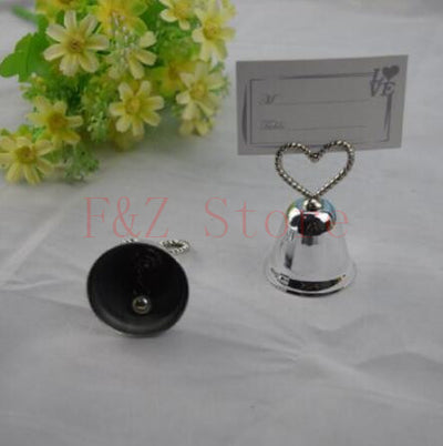 50 pcs/lot Heart Kissing Bell Place Card Photo Holder Bridal Wedding Metal Heart Shape Favor Favors Golden Silver Color - goldylify.com