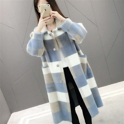 New Women Faux Mink Fur Woolen Coat Elegant Plaid Female Winter Warm Outwear Medium Long Turn-down Collar Loose Wool Coats