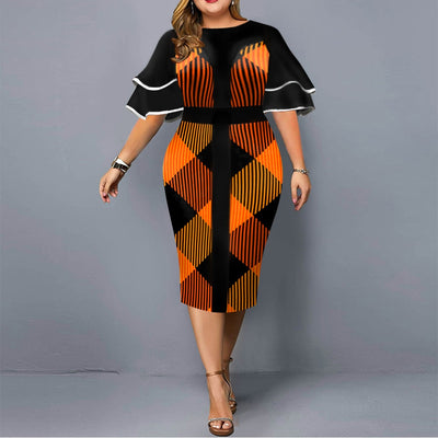 Elegant Geometric Print Plus Size Dress for New Year 2022 Spring  Layered Short Sleeve Dress Women Midi Evening Party Dresse 5XL