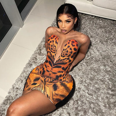 2022 summer sexy sleeveless mesh bodycon dress leopard print casual dresses women