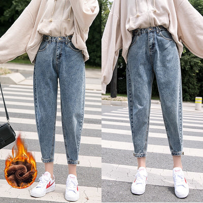 LIBERJOG Woman Jeans Velvet Thickening Harem Pants Loose Mid Waist Wide Leg Ankle Length Winter Thin Pants - goldylify.com