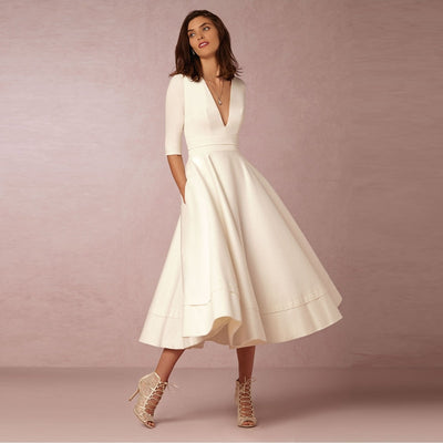 Elegant A-Line V Neck White Maxi Dresses Half Sleeves Simple Sexy Night Club Long Dress Solid Color Female Office Casual Dress - goldylify.com