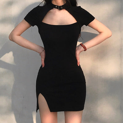 Black Bodycon Mini Dress Women Split Side Halter Short Dresses Ladies Skinny