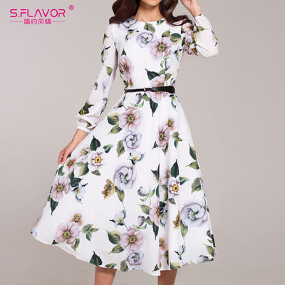 S.FLAVOR Women Casual Midi Dress 2020 Spring Printing Vestidos De Ladies NO BELT Elegant Vintage A Line Dresses - goldylify.com