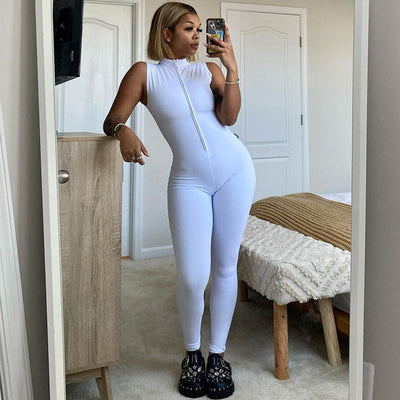 Zip Up Sleeveless Workout Loungewear Jumpsuits One Piece Casual Pure Color Active Wear Bodycon Rompers Womens Jumpsuit
