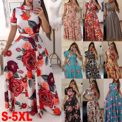 Women's Floral Printed Maxi Dress Short Sleeve Casual Swing Long Maxi Dress with Belt  S-XXXXXL