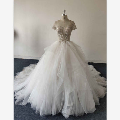 New luxurious short sleeve boat neck champagne puffy ball gown beaded Marriage gown