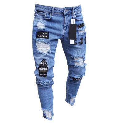 3 Styles Men Stretchy Ripped Skinny Biker Embroidery Print Jeans Destroyed Hole Taped Slim Fit Denim Scratched High Quality Jean - goldylify.com