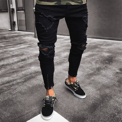 Mens Cool Designer Brand Black Jeans Skinny Ripped Destroyed Stretch Slim Fit Hop Hop Pants With Holes For Men - goldylify.com