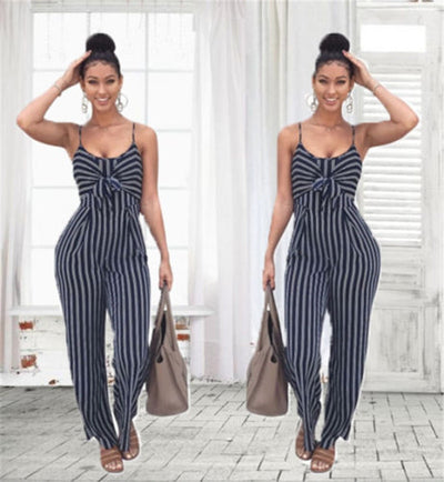 Summer New Blue Bodycon Backless Stripe Jumpsuits Women Sexy Party Clubwear Jumpsuits Casual Bowtie Overalls Jumpsuit Plus Size