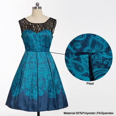 Tonval Blau Floral Print Kontrast Spitze Schatz Vintage Kleid Frauen Backless Partei Plissee Rockabilly Sommer Kleider