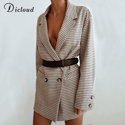 Dicloud elegant plaid blazer dress winter spring women long sleeve oversized jacket office lady wrap bodycon casual streetwear - goldylify.com
