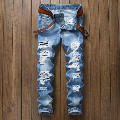 Denim Trousers Straight Washed with Pleated Ripped holes button skinny biker jeans blue 2018 slim fit jeans men pants hot sale - goldylify.com
