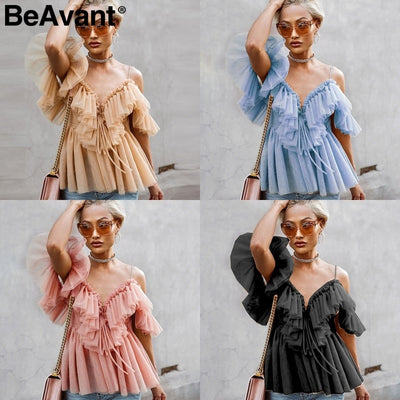 BeAvant Off shoulder womens tops and blouses summer 2019 Backless sexy peplum top female Vintage ruffle mesh blouse shirt blusas - goldylify.com