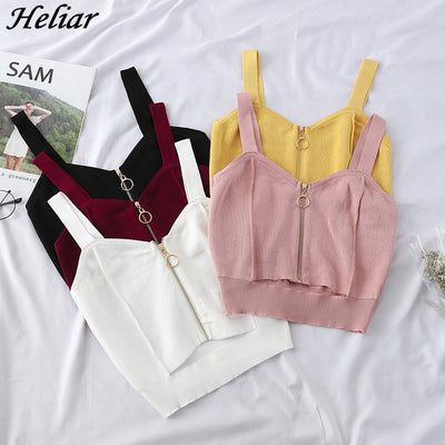 HELIAR Women Crop Top Club Sexy Zipper Knitting Camisole With Hole Female Tank Tops Ladies Sleeveless Solid Simple Tops Women - goldylify.com