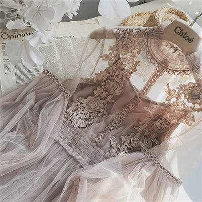 2019 New Women Fashion Dress Stand Collar Lantern Sleeve Mesh Dress See-through Lace Embroidery Fairy Dress Femme Vestidos Robe - goldylify.com