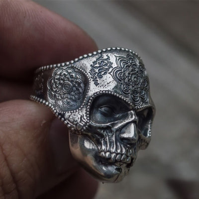 Unique Silver Color 316L Stainless Steel Heavy Sugar Skull Ring Mens Mandala Flower Santa Muerte Biker Jewelry - goldylify.com