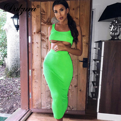 Dulzura neon ribbed knitted women two piece matching co ord set crop top midi skirt sexy festival party 2019 winter clothing - goldylify.com