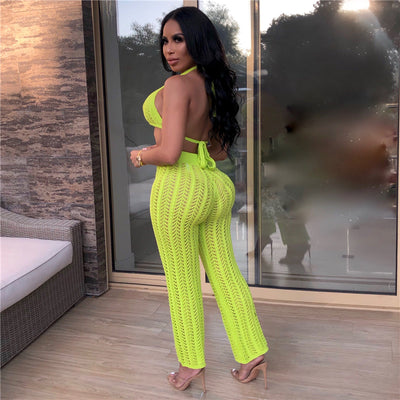Adogirl 2019 Summer Fishnet Knitted Two Piece Set Women Sexy See Through Night Club Suits Bra Top Pants Casual Beach Outfits - goldylify.com