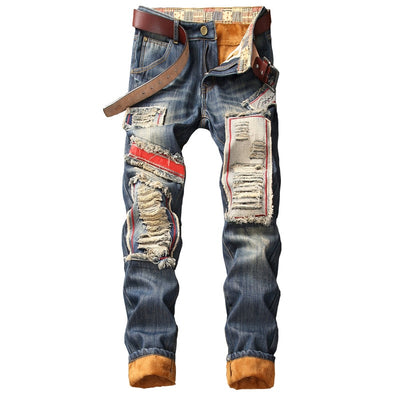 Denim Designer Hole Jeans High Quality Ripped for Men Size 28-38 40 2019 Autumn Winter Plus Velvet HIP HOP Punk Streetwear - goldylify.com