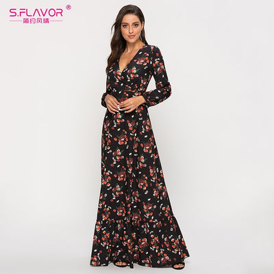 S.FLAVOR Flower Printing Deep V-neck Sexy Vestidos De Woman Casual Long Sleeve 2020 Spring Long Dresses Bohemian Maxi Dress - goldylify.com