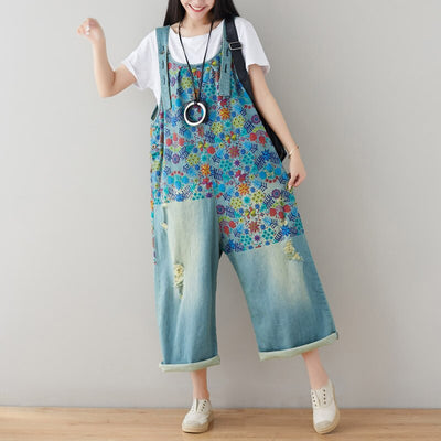 Denim Jumpsuits Women Ripped  Jeans Oversize Scratched Bib Wide Leg Overalls Female Baggy Rompers Printed Floral