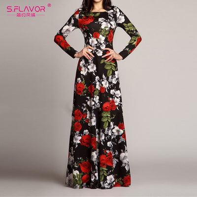 S.FLAVOR Women Elegant O Neck Long Dress Casual Long Sleeve Vintage Floral Printed Maxi Dress Spring Fashion Slim Party Vestidos - goldylify.com
