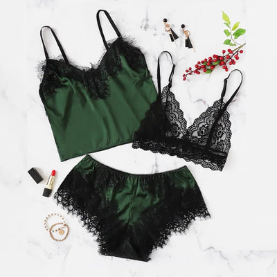 women summer 2019 Sexy Lace Lingerie Bra+Tops+Underwear Set Cut-Out Sleepwear female pajamas set mujer nightie home clothes - goldylify.com