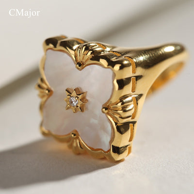 CMajor S925 Silver Jewelry Italian Style White Shell Four-Leaf Clover Vintage Fashion Rings For Women - goldylify.com