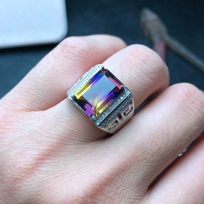 Natural Ametrine Men's Ring, Atmospheric, 925 Silver, Hollow Court Style - goldylify.com