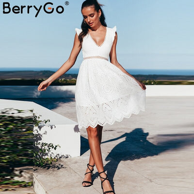 BerryGo Sexy white women summer dress 2018 Hollow out v neck embroidery cotton dress Party backless knee-length female vestidos - goldylify.com